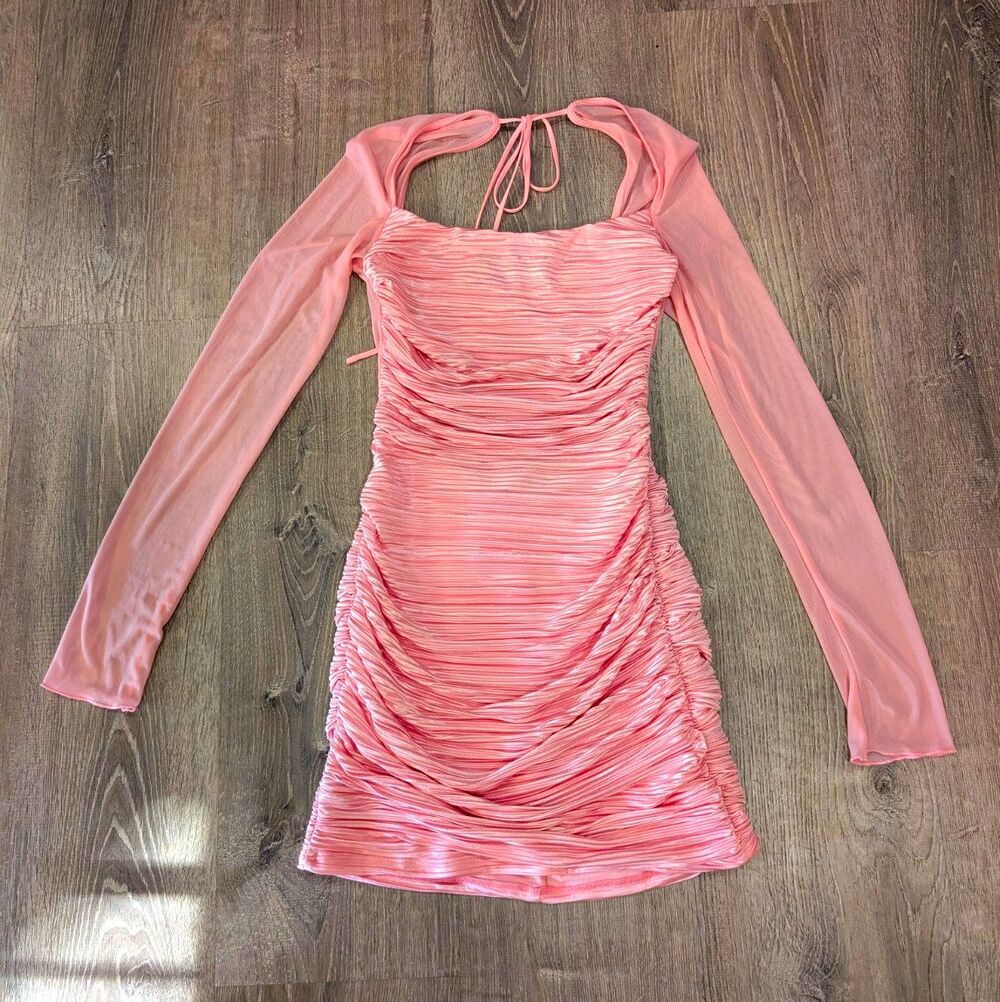Lucy In The Sky Pink Ruched Pleated Mesh Long Sleeve Bodycon Mini Dress Size M